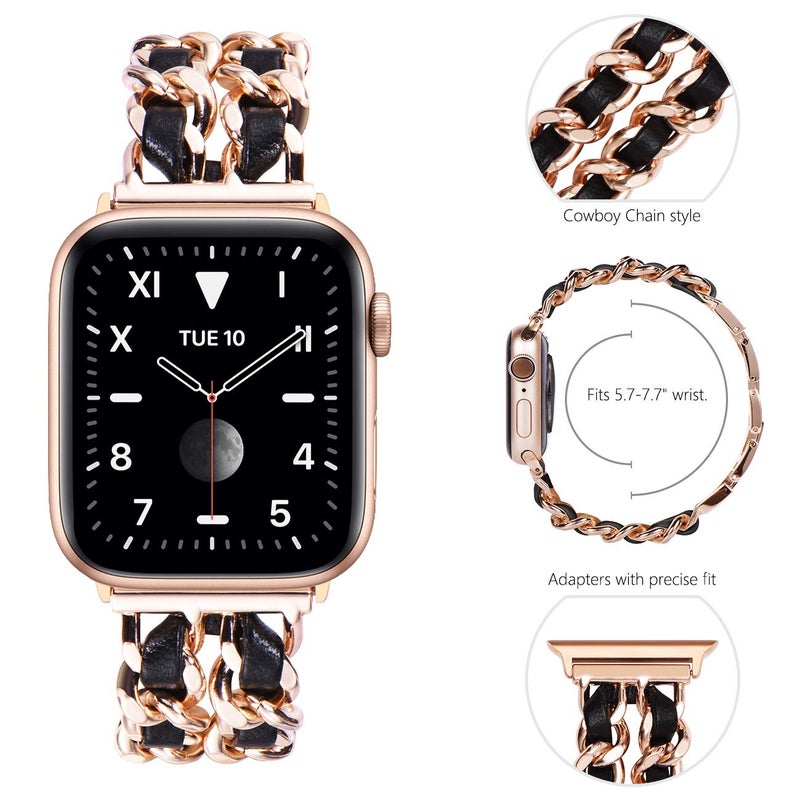 NewWays for Apple Watch Band Series 10 42mm 41mm 40mm 38mm Series9 8 7 SE 6 5 4 3, Jewelry Bracelet for iWatch Band for Women, Rose Gold Link with Black Leather - Image 2